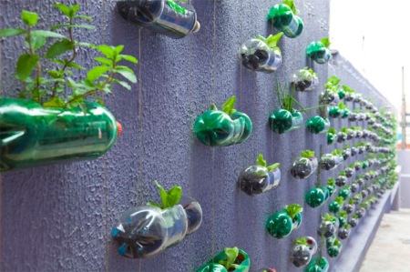 vertical-3 A transformation of an exterior wall in a small house outside Sao Paolo, by Rosenbaum. The wall has changed into a small vertical garden where series of cascading plastic bottles are hanging through strings.The plastic containers have been reused as planters filled with soil for different kinds of flowers, and medicinal herbs. 