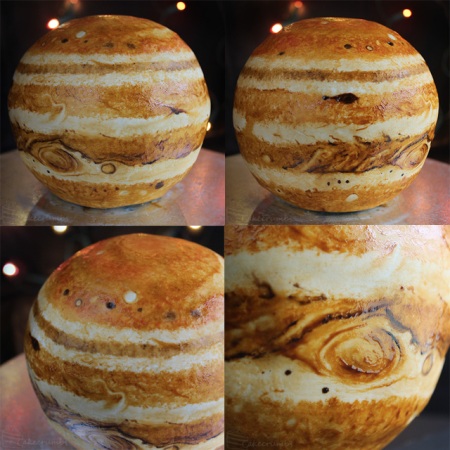 Series of photos, showing the amazing planetary cakes, creations of the self-taught chef Rhiannon at Cakecrumbs. The structural layers of the cake for Jupiter are represented by the mudcake in the core (rock/ice), followed by the layer of almond butter (liquid metallic hydrogen) and finally coloured vanilla (liquid molecular hydrogen.