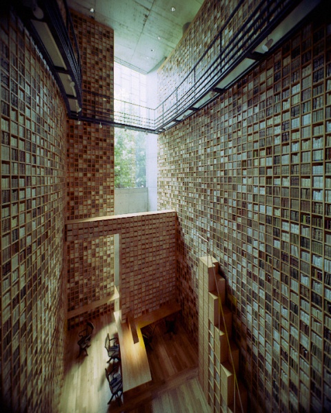 The Ryotaro Shiba Museum by Tadao Ando, photography, library, books, bookshelves, bookshelf, timber wood, japan