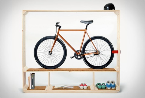Shoes Books and a Bike cool way to store your bike bikestorage storage designer furniture modern swiss minimalist wood timber shelf biking inside bicycle art interior architecture