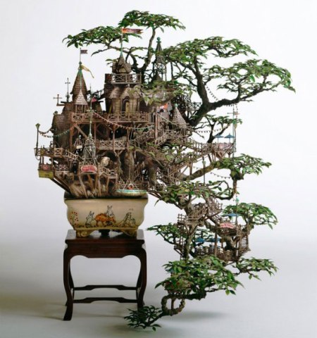 Takanori Aiba-bonsai sculpture made out of resin clay and stone tree house bonsai, artist art interesting sculpture tree branches grow towards the floor