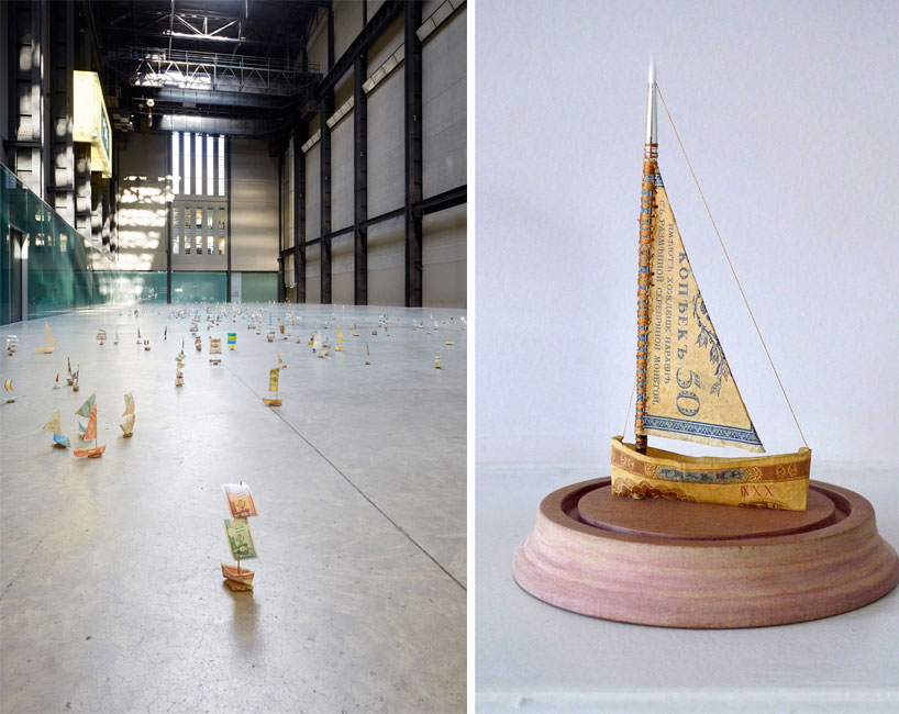 Sail Away - a constantly expanding, large-scale installation in the Turbine Hall of Tate Modern in London, consisting of hundreds of small boats made from paper money bills, maps and tickets from all around the world.  by artist Susan Stockwell