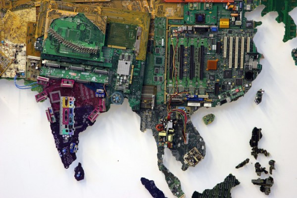 A map of the world made out of recycled computer parts by UK based artist Susan Stockwell